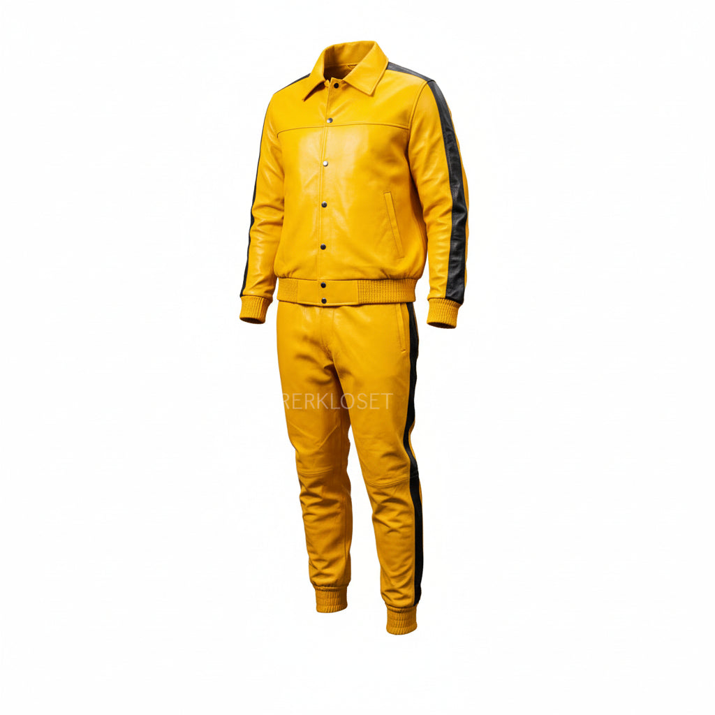 Men's Yellow Leather Track Suit jogging Sweatsuit