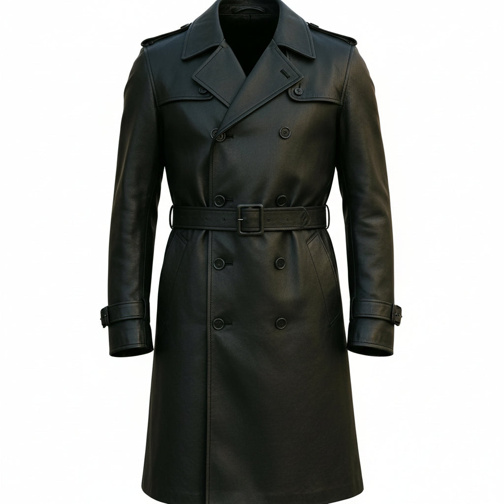 Black long leather coat for men's