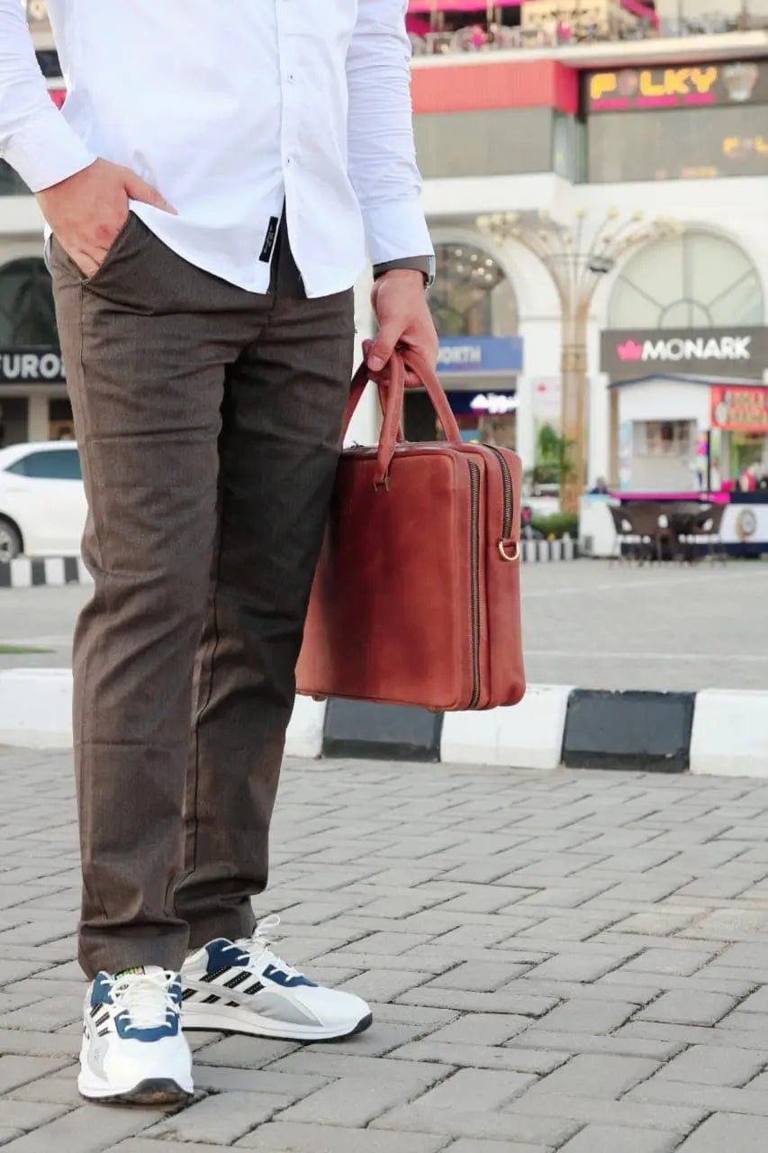 Double compartment unique leather laptop bag