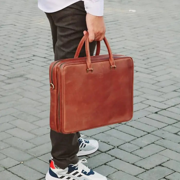 Double compartment unique leather laptop bag