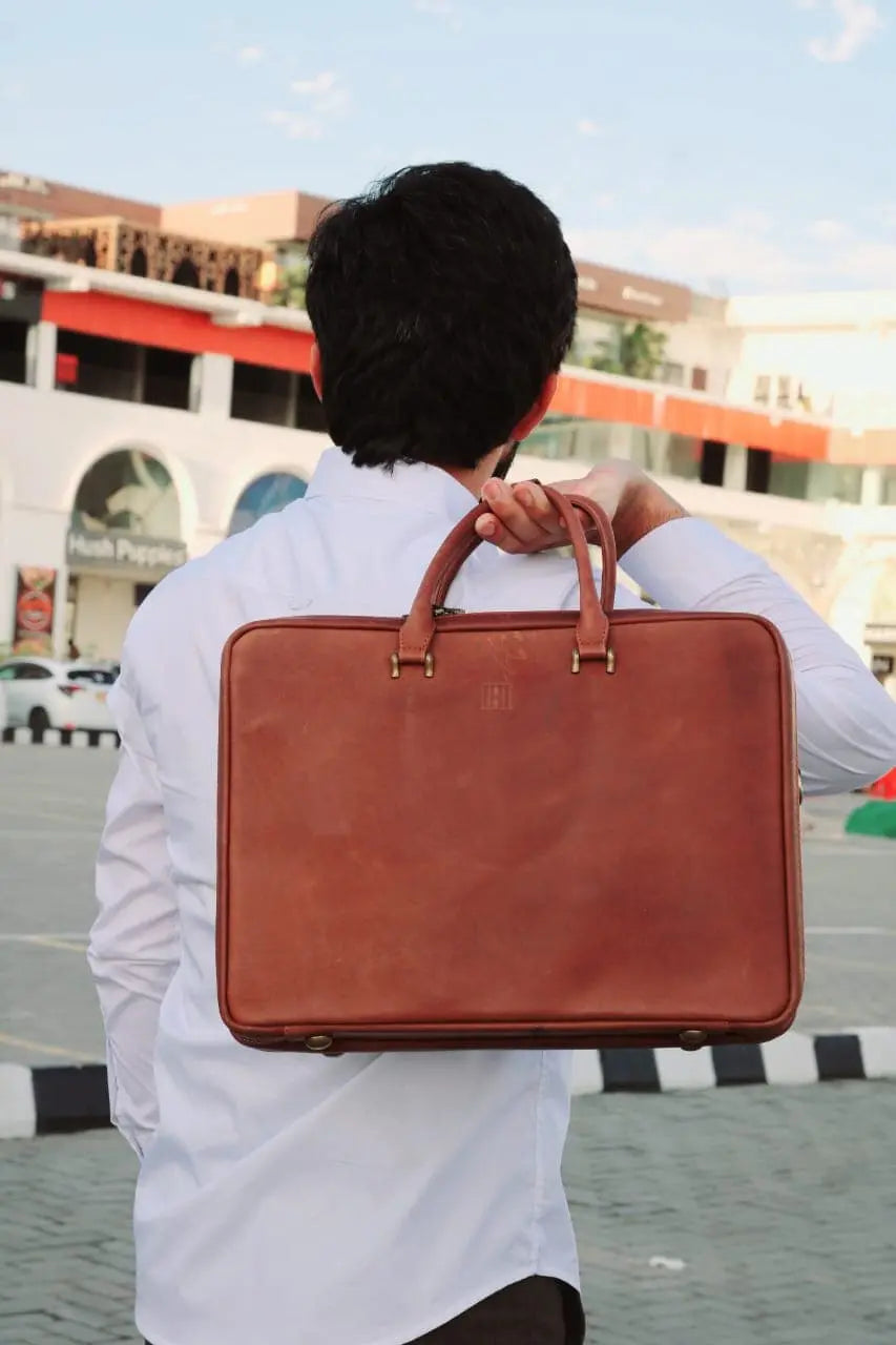 Double compartment unique leather laptop bag