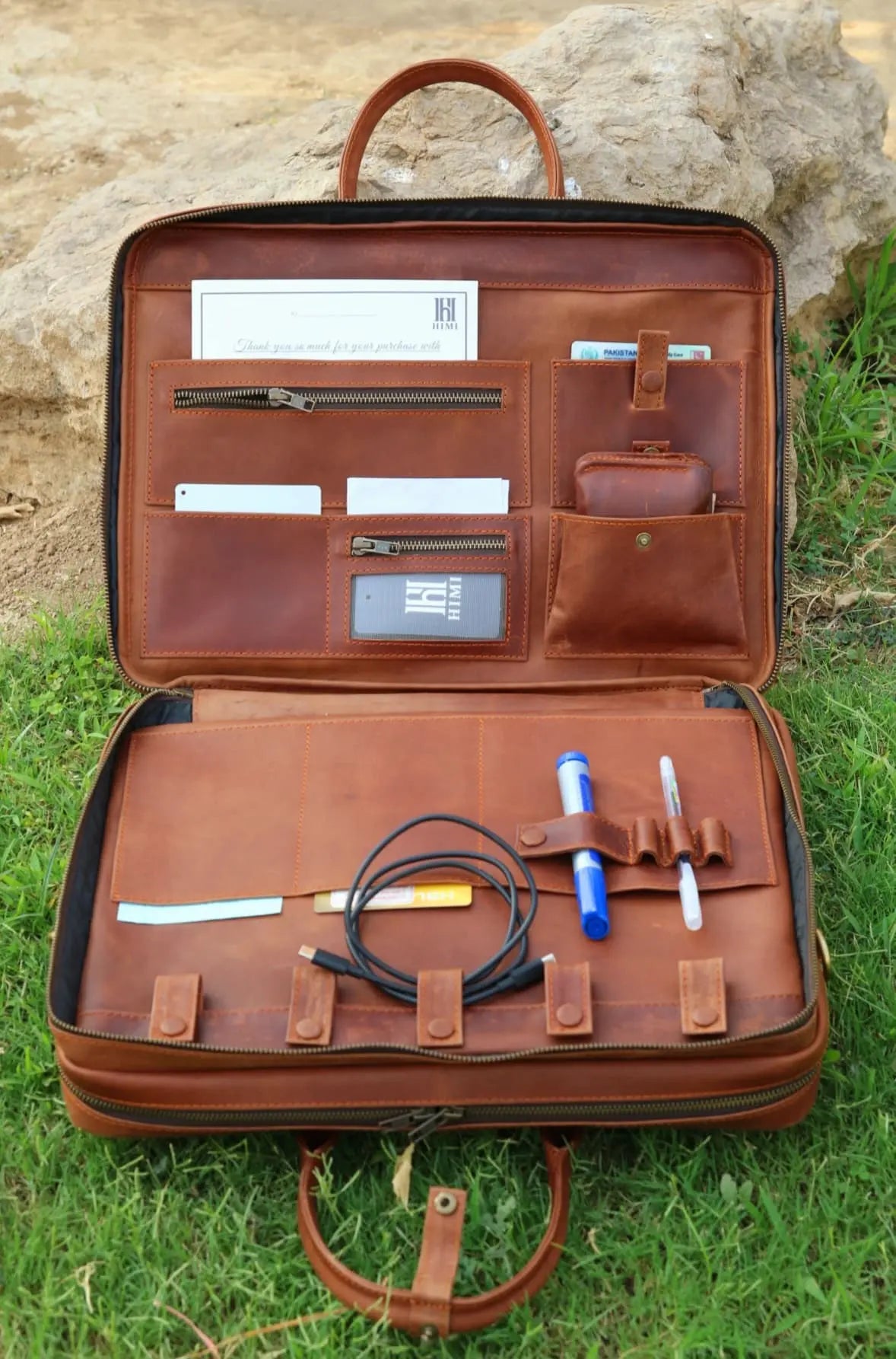 Double compartment unique leather laptop bag