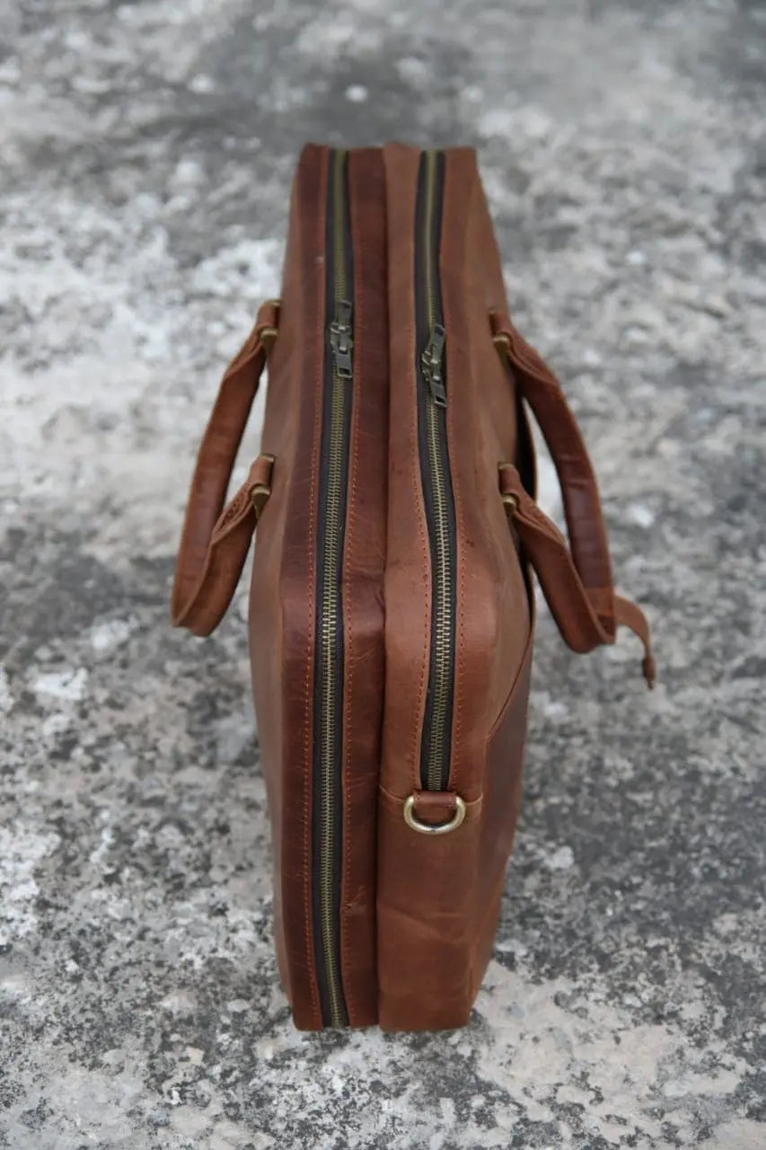 Double compartment unique leather laptop bag