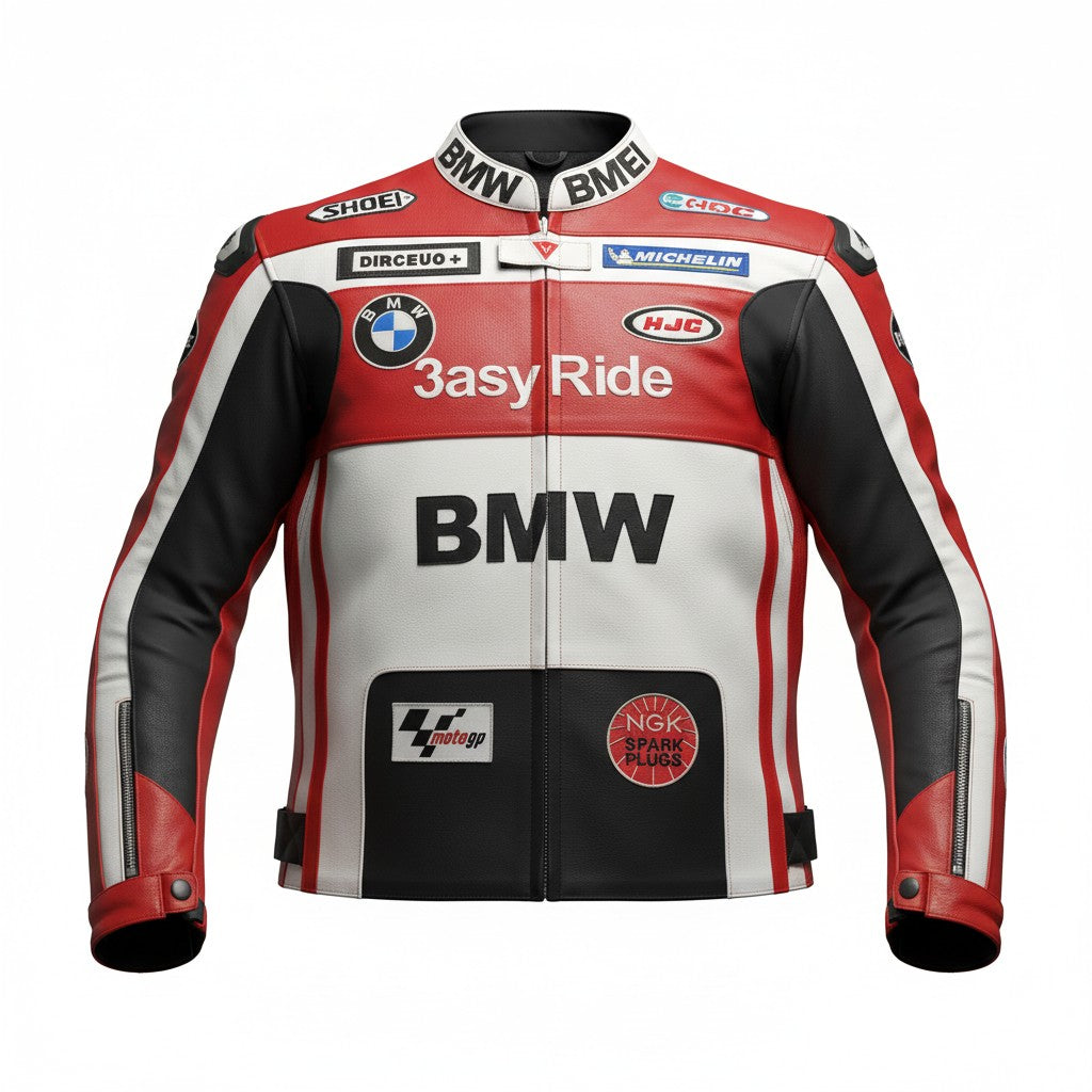 Red, black, and white BMW motorcycle jacket with various brand logos on a white background
