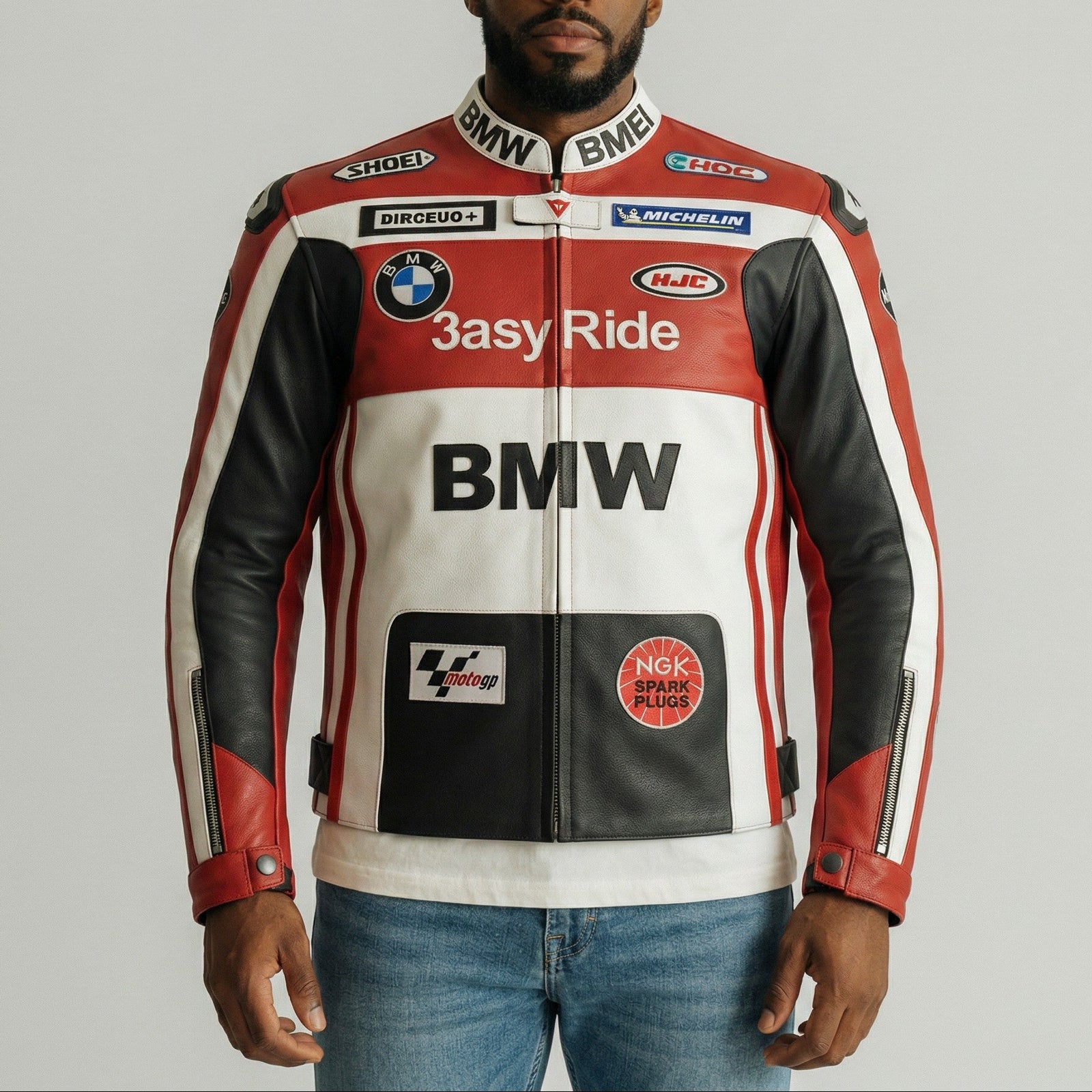 Man wearing a BMW branded motorcycle jacket on a plain background