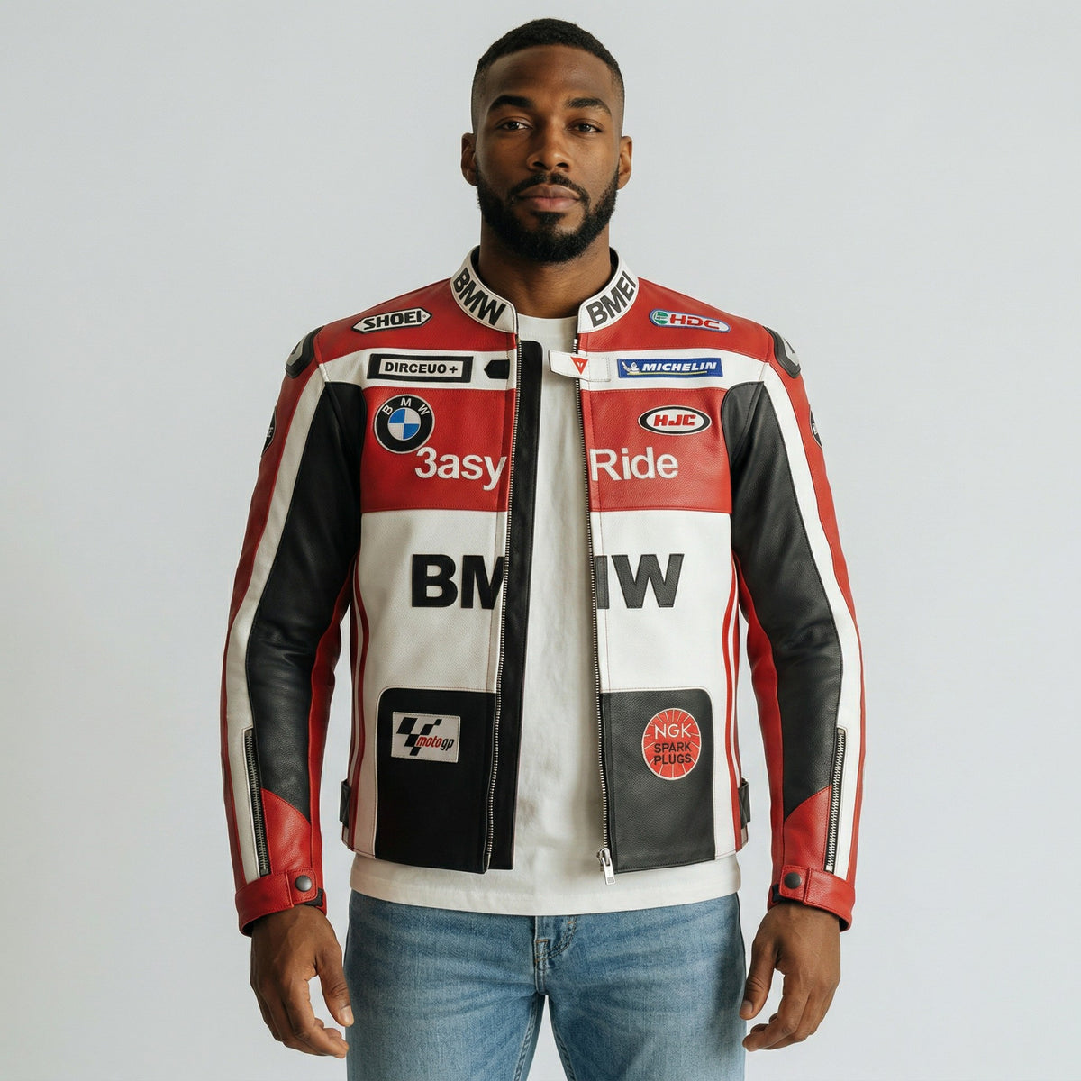 Man wearing a BMW branded motorcycle jacket on a plain background