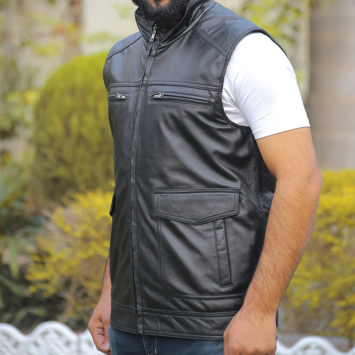 Black Leather Biker Vest for men