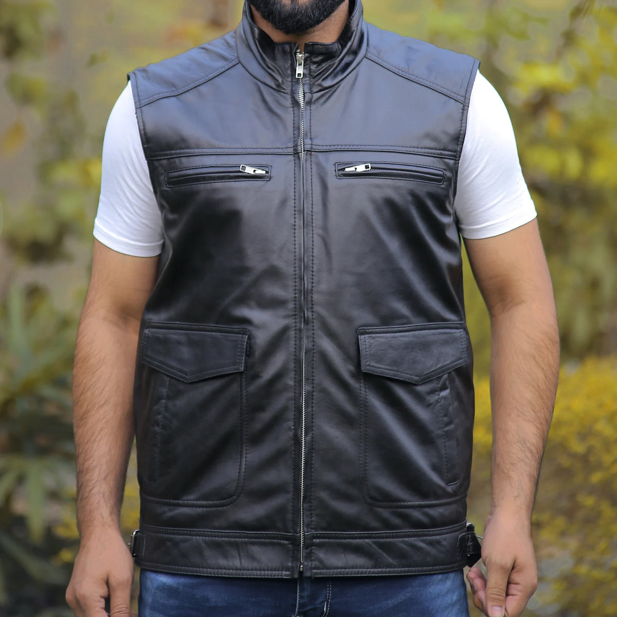 Black Leather Biker Vest for men