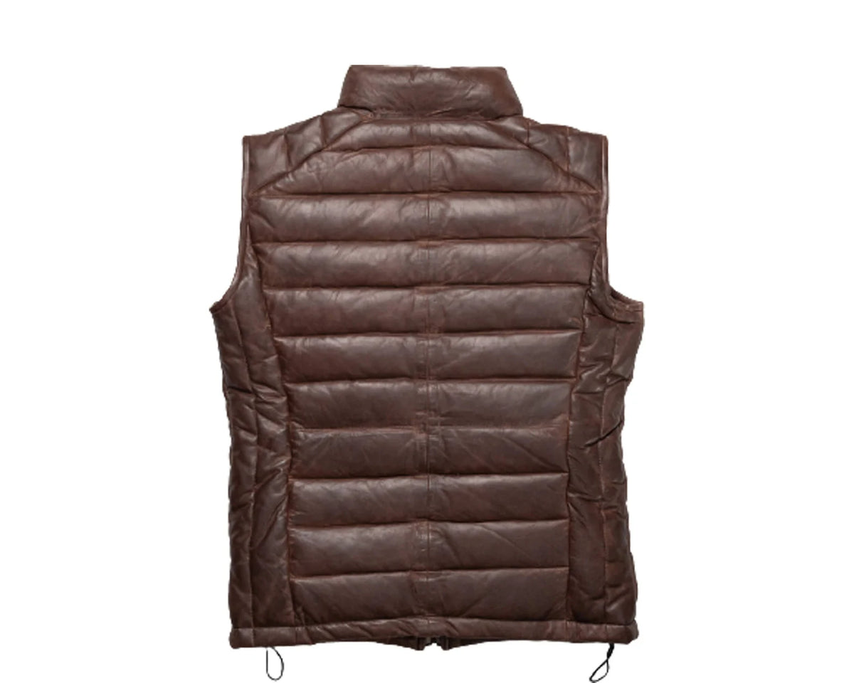 Brown Leather Men&#39;s Puffer Vest Jacket
