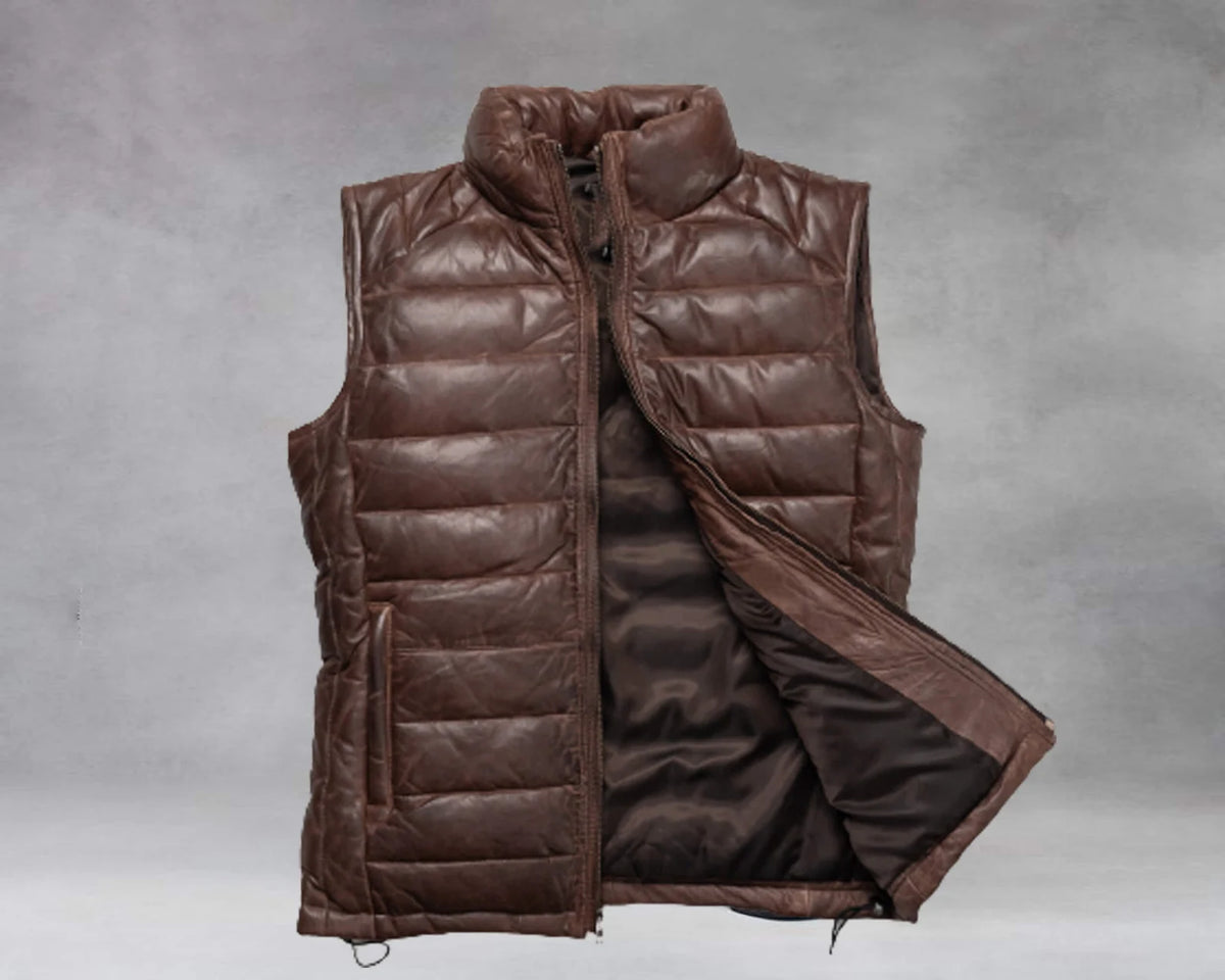 Brown Leather Men&#39;s Puffer Vest Jacket