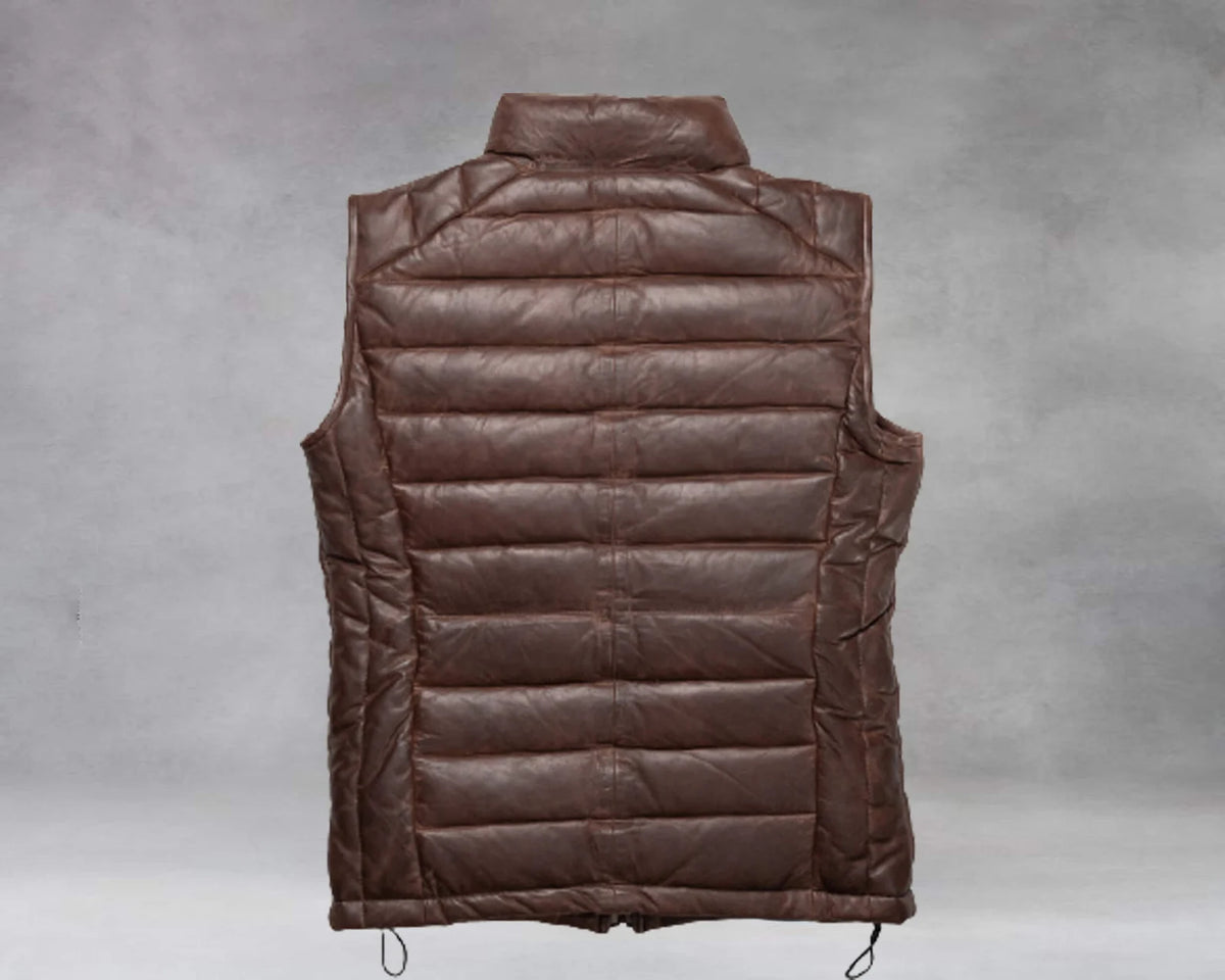 Brown Leather Men&#39;s Puffer Vest Jacket