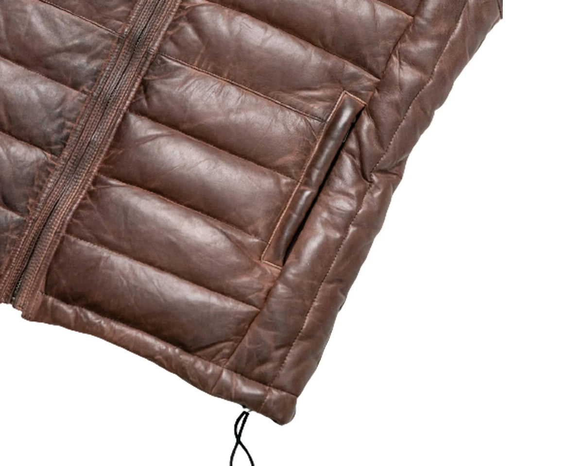 Brown Leather Men&#39;s Puffer Vest Jacket