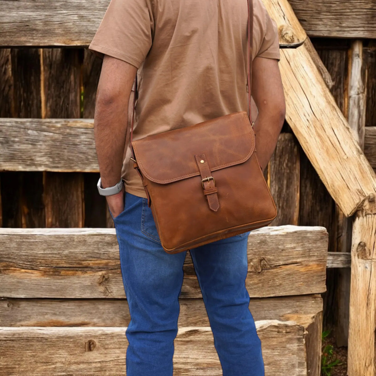 Brown Full Grain Leather Crossbody Bag