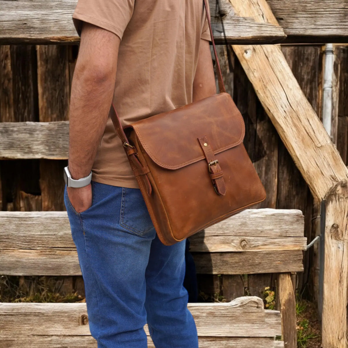 Brown Full Grain Leather Crossbody Bag