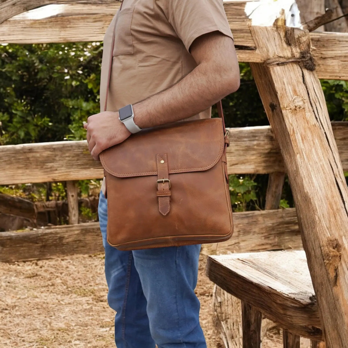 Brown Full Grain Leather Crossbody Bag