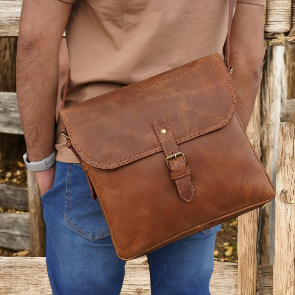 Brown Full Grain Leather Crossbody Bag