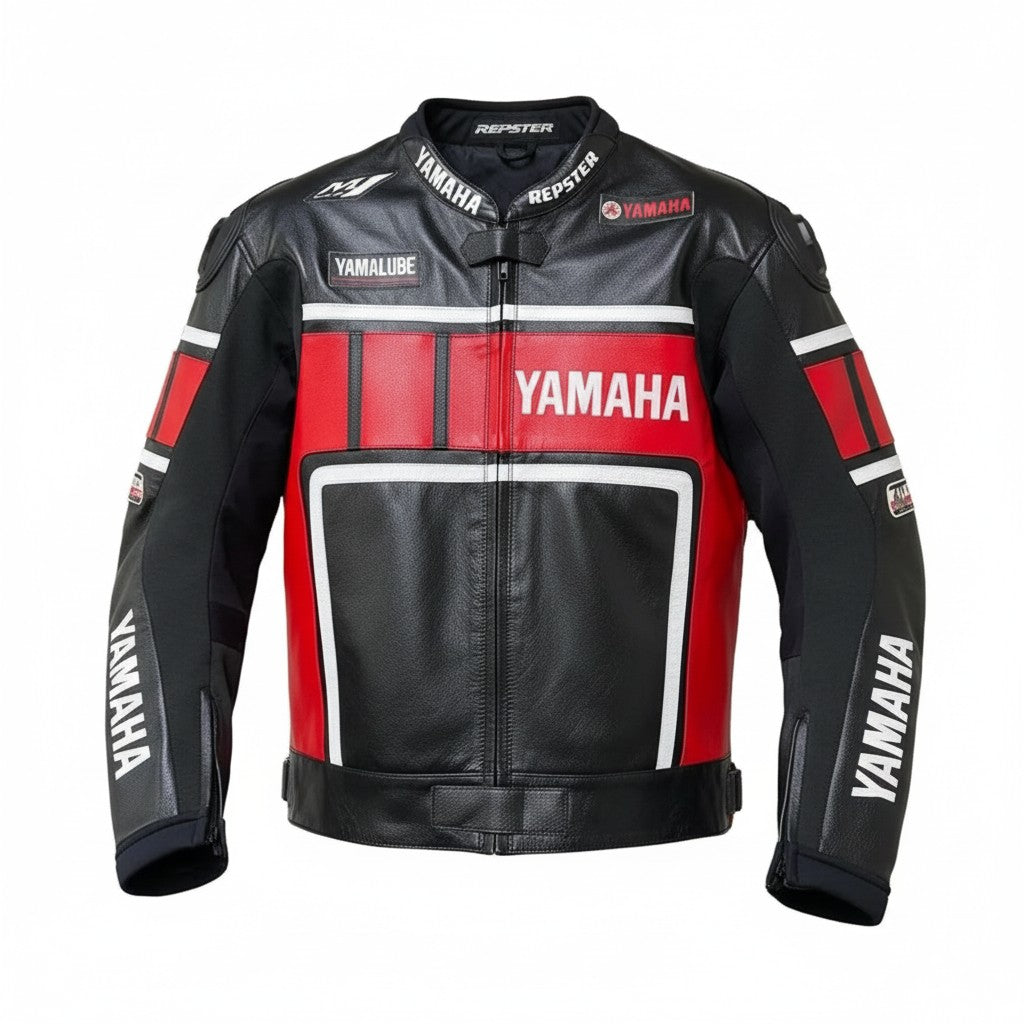 Black and red Yamaha motorcycle jacket on a white background