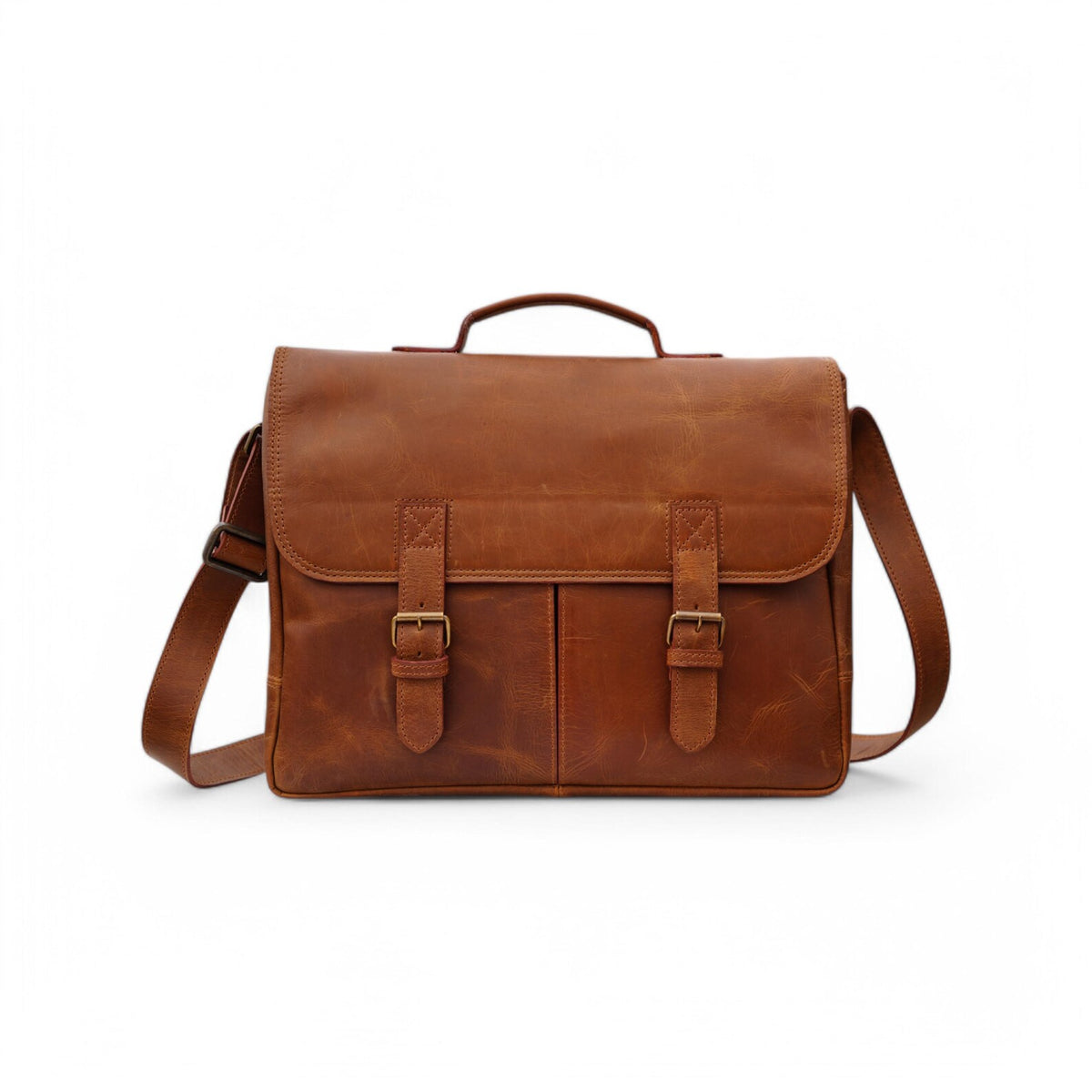 Brown leather satchel messenger bag on a white background