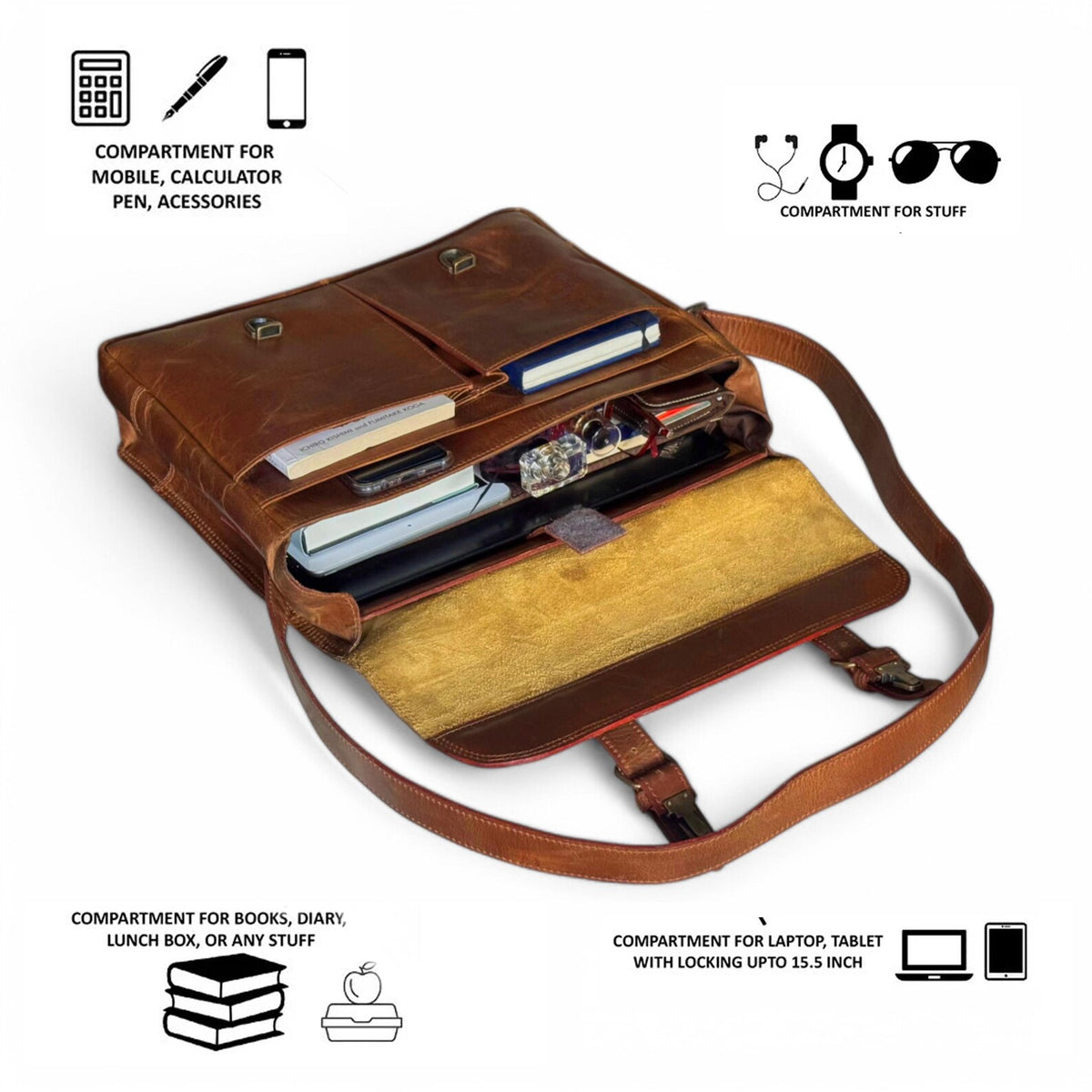 Brown leather crossbody bag with compartments for various items on a white background