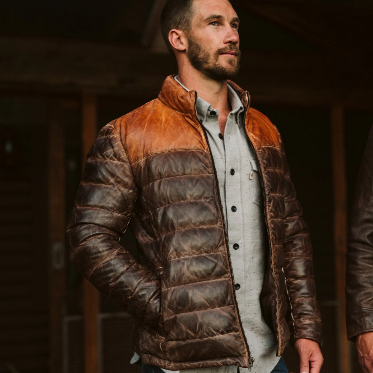 Brown Leather puffer jacket