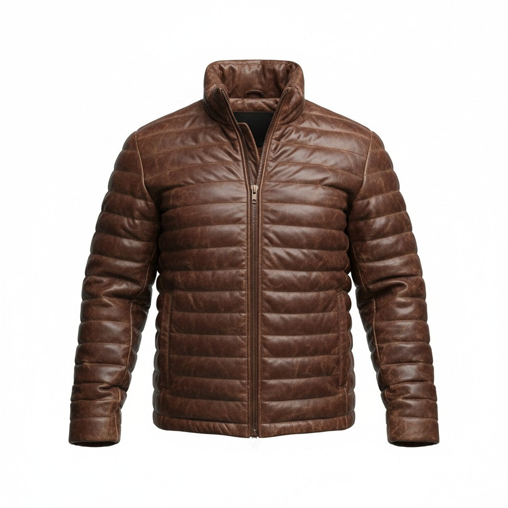 Brown Leather puffer jacket
