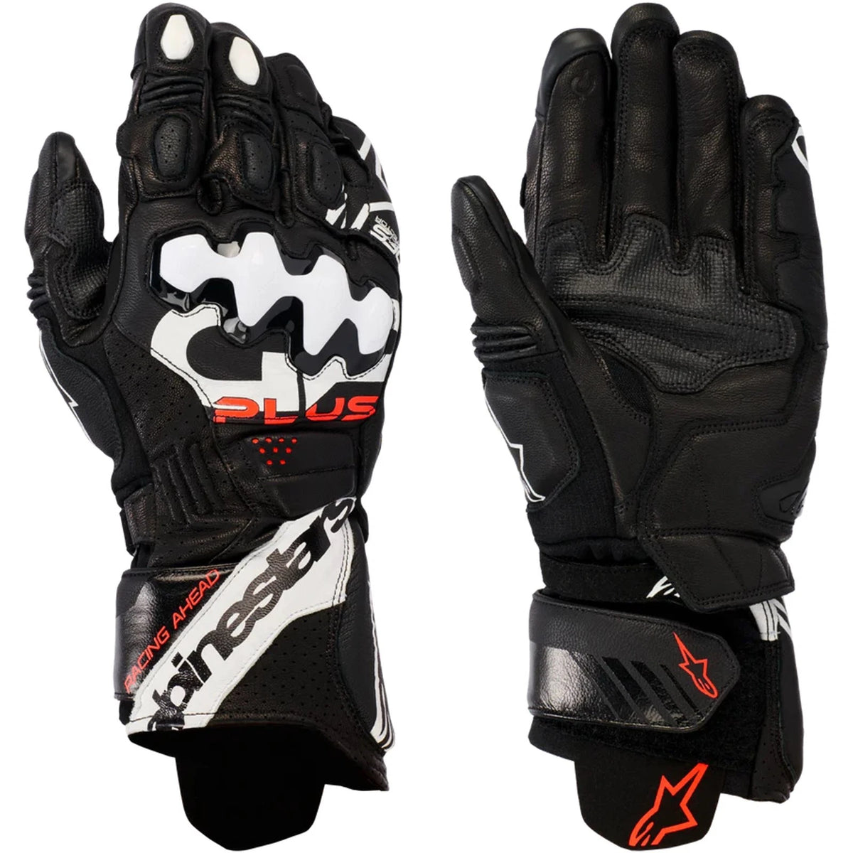 Black alpinestars motorcycle riding gloves with brand logo on a white background