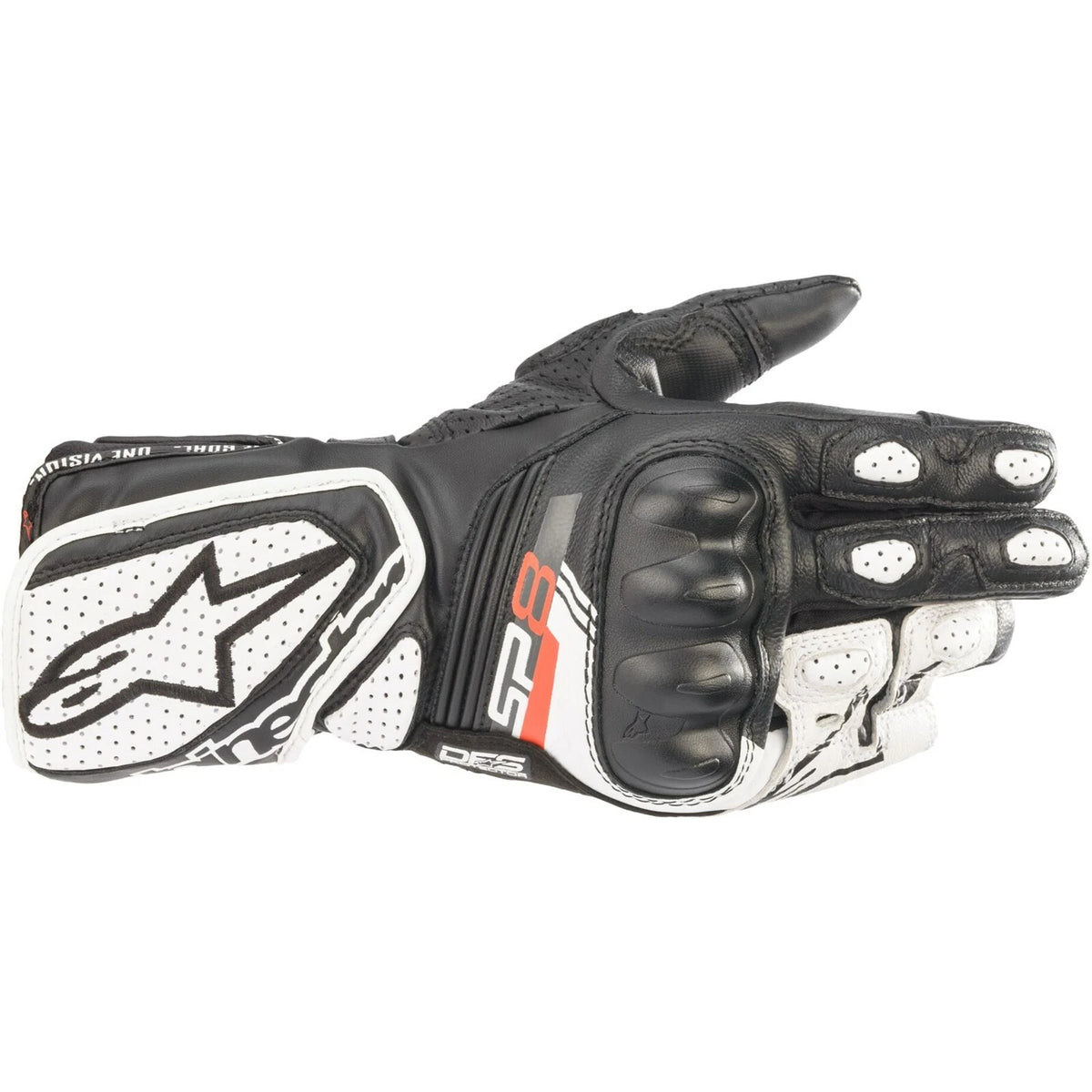 Black and white Alpinestars motorcycle glove with brand logo on a white background