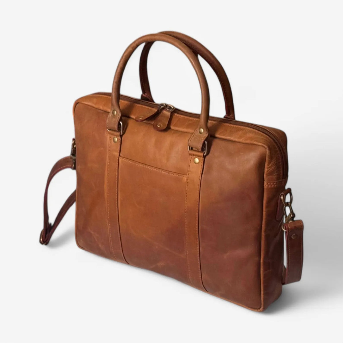 Slim Brown leather laptop bag on a white background
