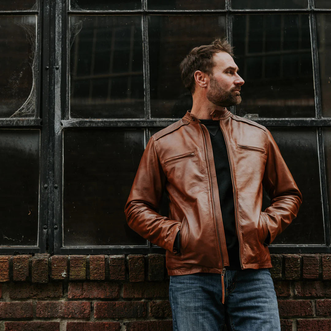 Brown leather biker jacket