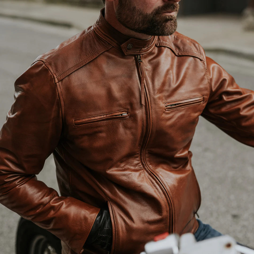 Brown leather biker jacket