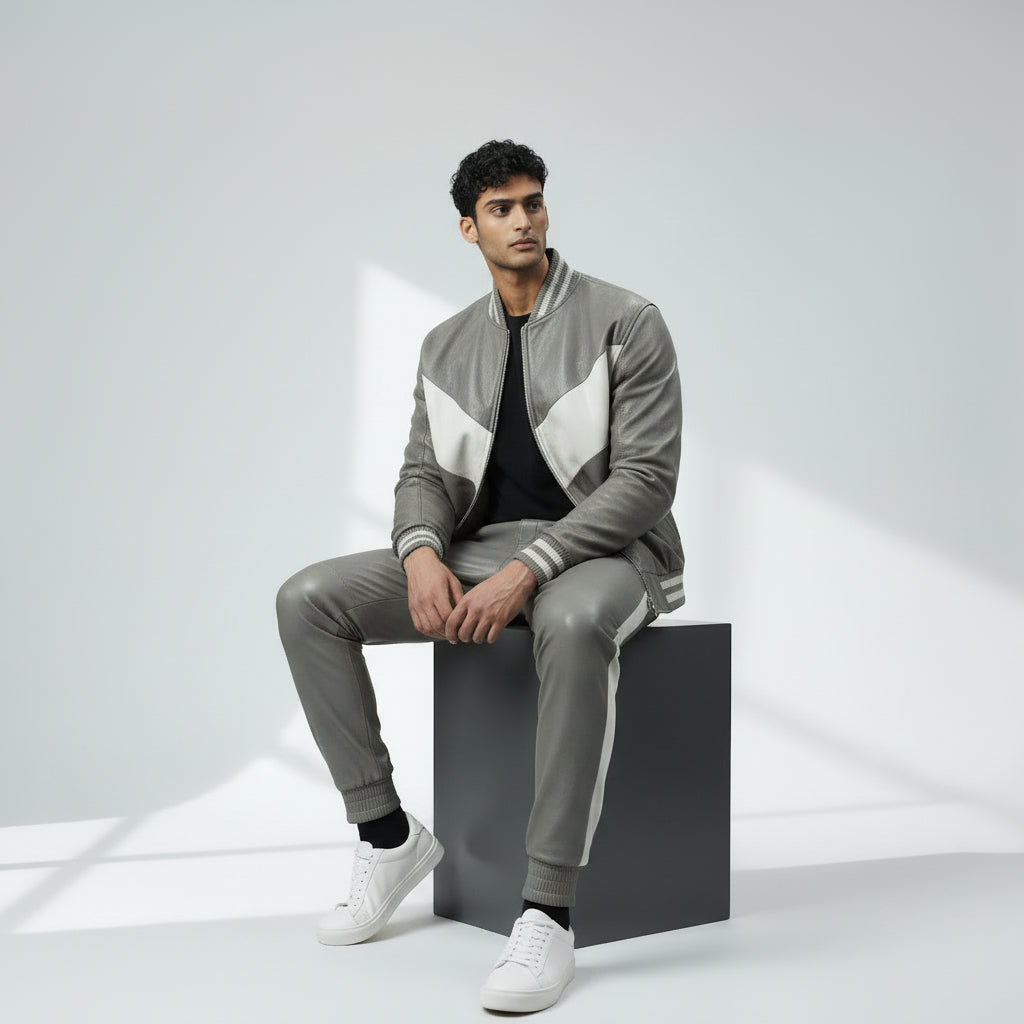 Men's V Grey Leather Track Suit jogging Sweatsuit
