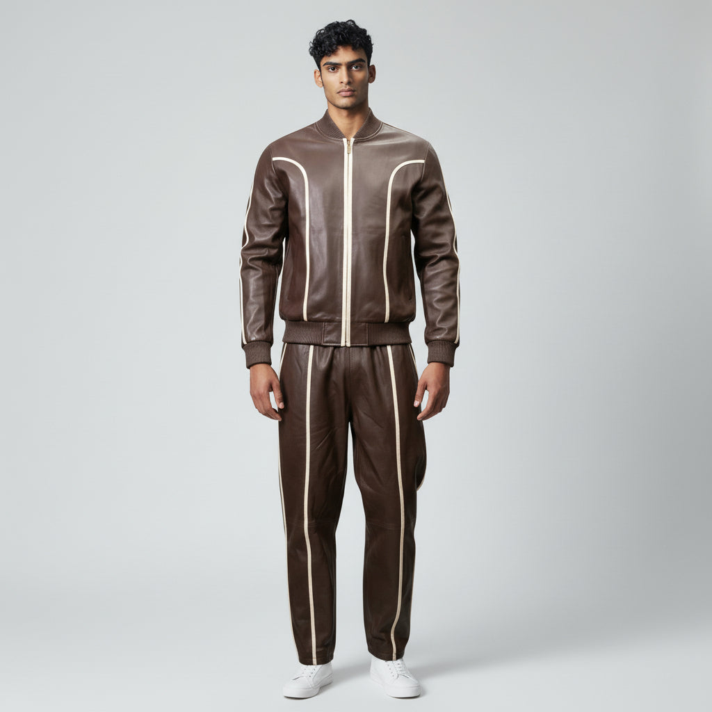 Men's Brown Leather Track Suit jogging Sweatsuit
