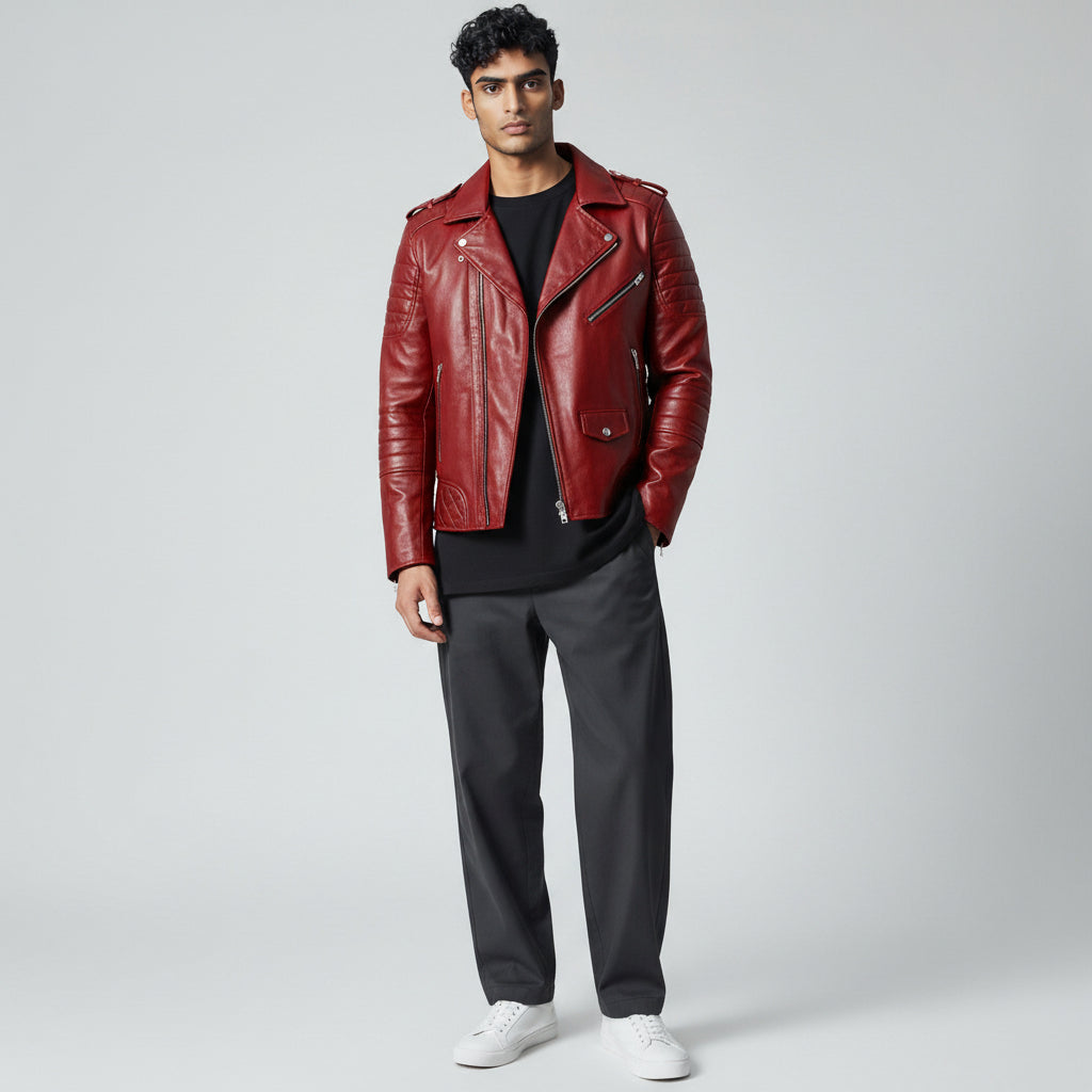 Men's Red Café Racer Biker Leather Jacket