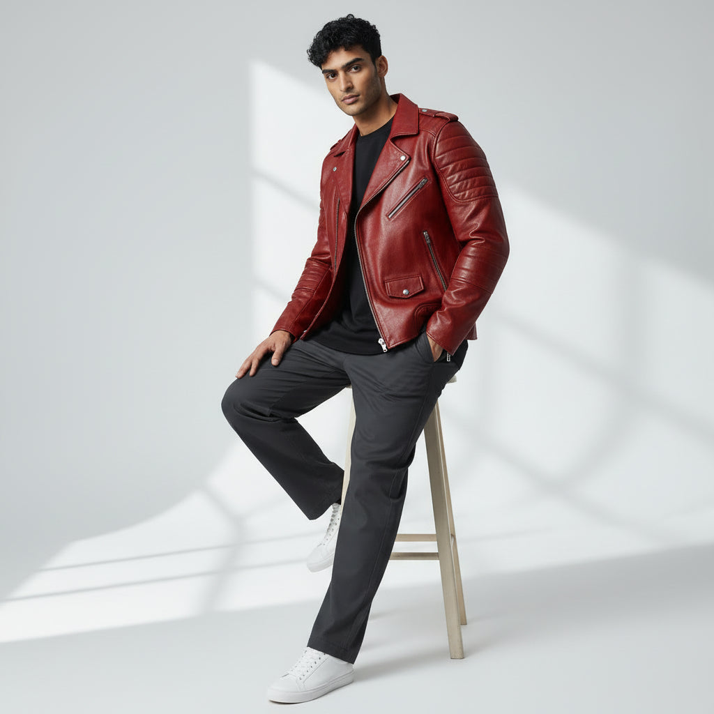 Men's Red Café Racer Biker Leather Jacket