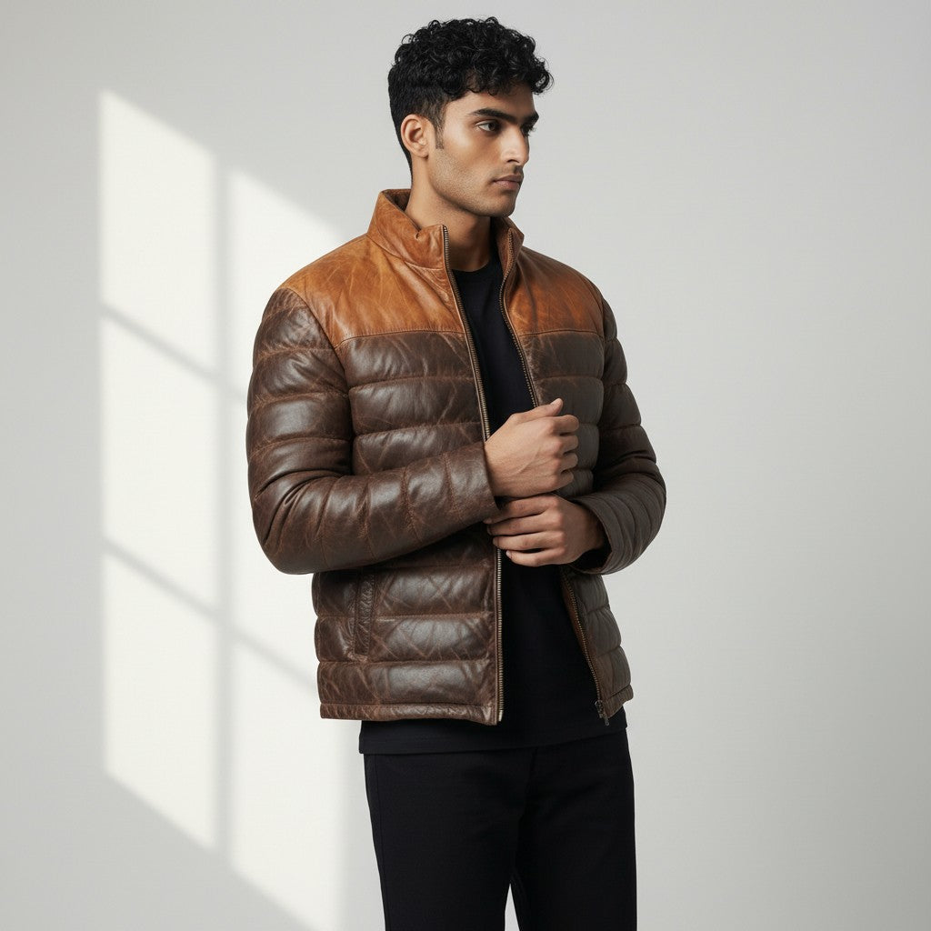 Brown Leather puffer jacket