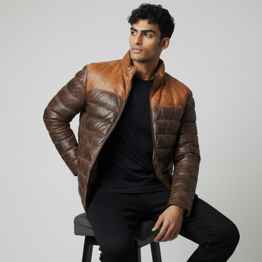 Brown Leather puffer jacket