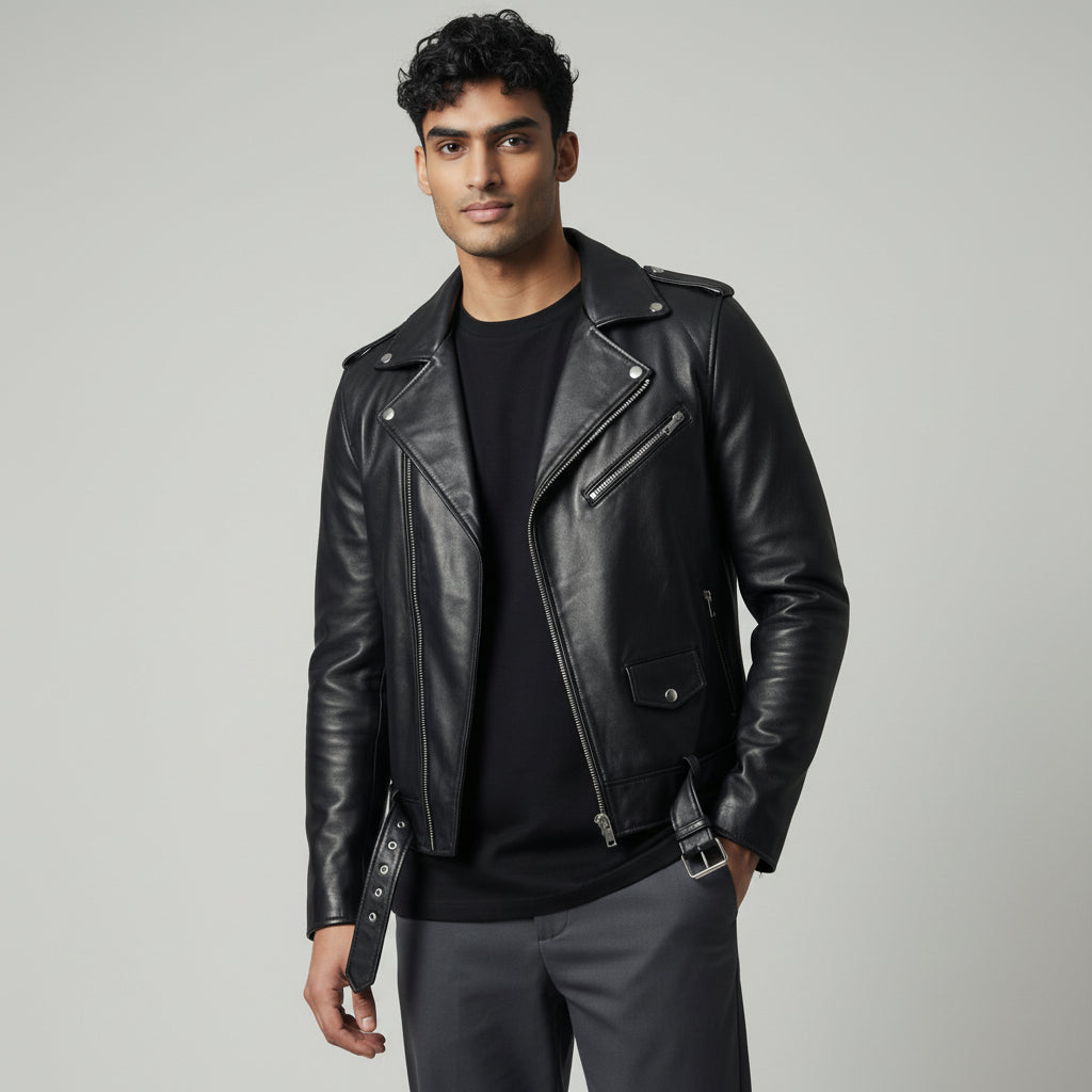 Cafe Racer Leather Biker Jacket Black