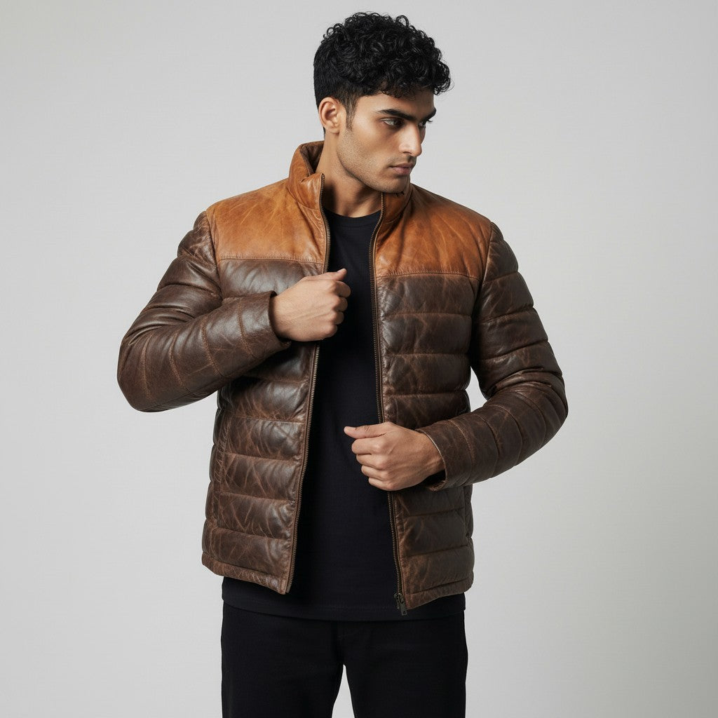 Brown Leather puffer jacket