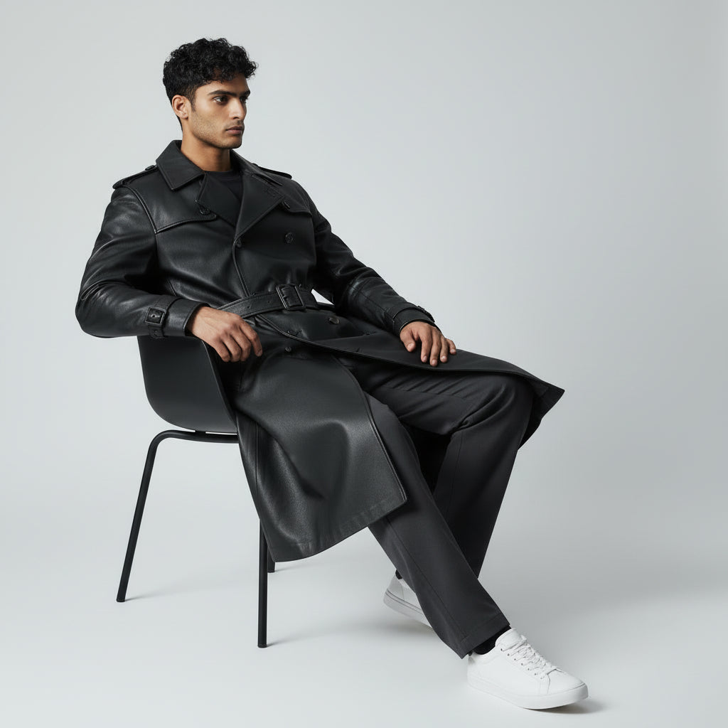 Black long leather coat for men's