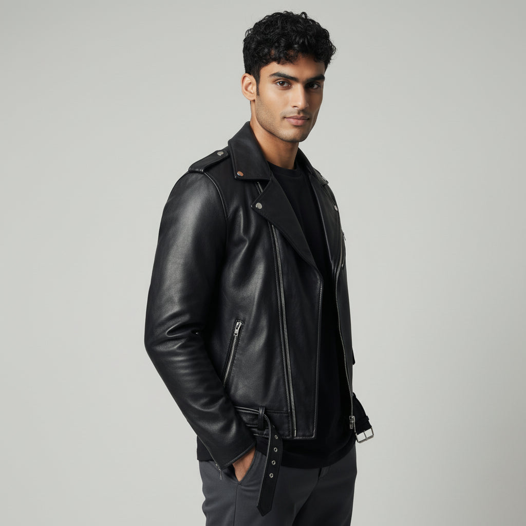 Cafe Racer Leather Biker Jacket Black