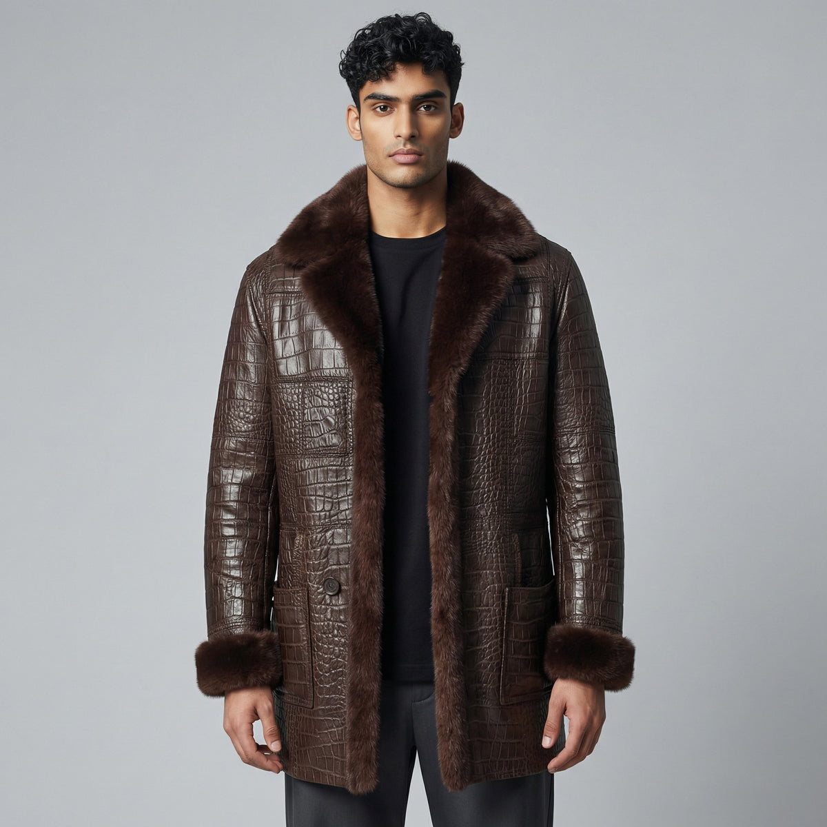 Men’s Brown Crocodile Embossed Leather Fur Coat