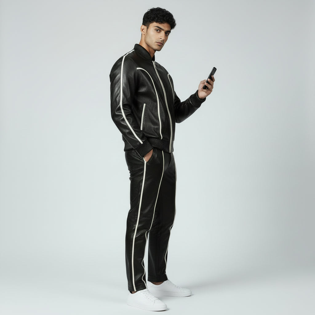 Men's Black Leather Track Suit Sweatsuit
