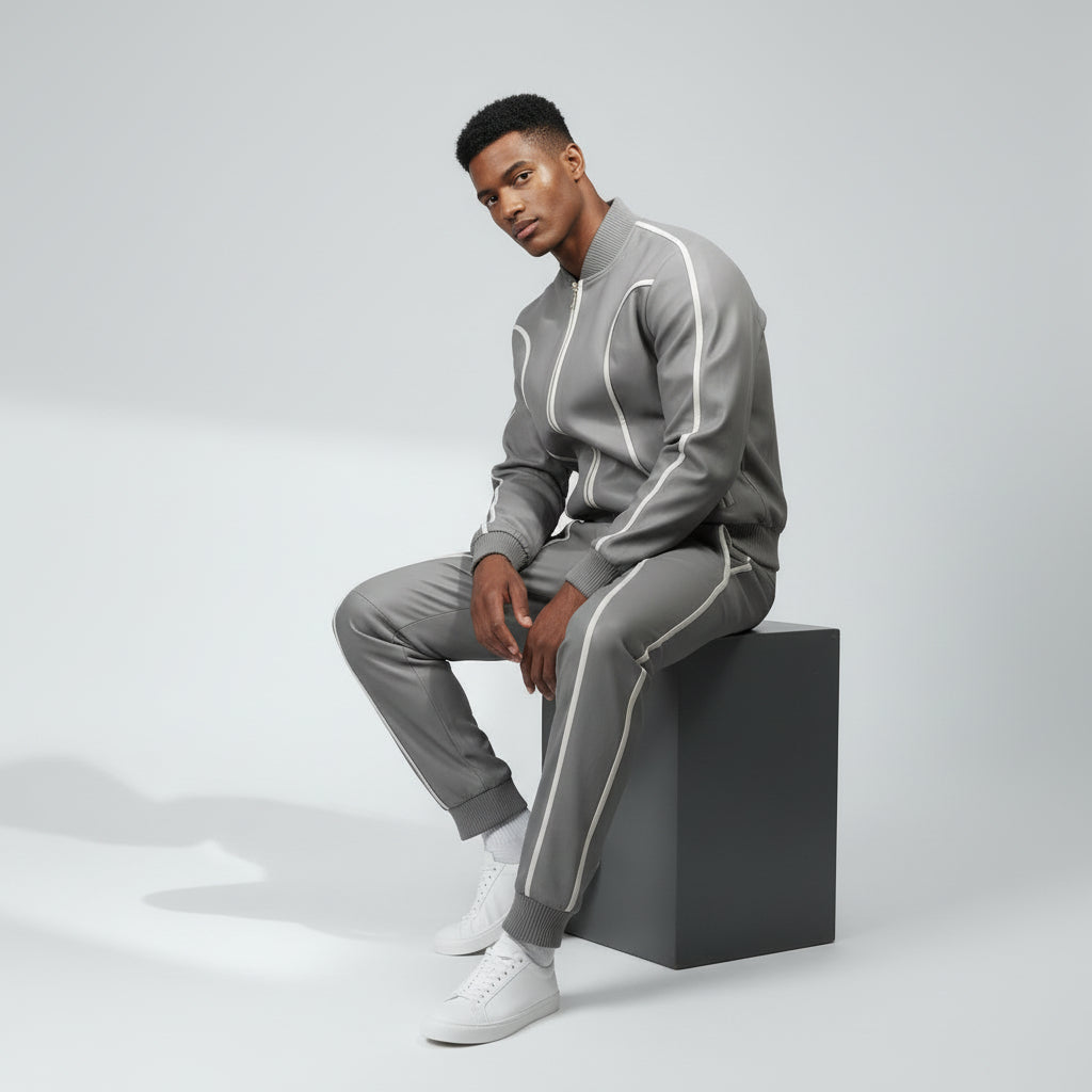 Men's Grey Leather Track Suit Sweatsuit