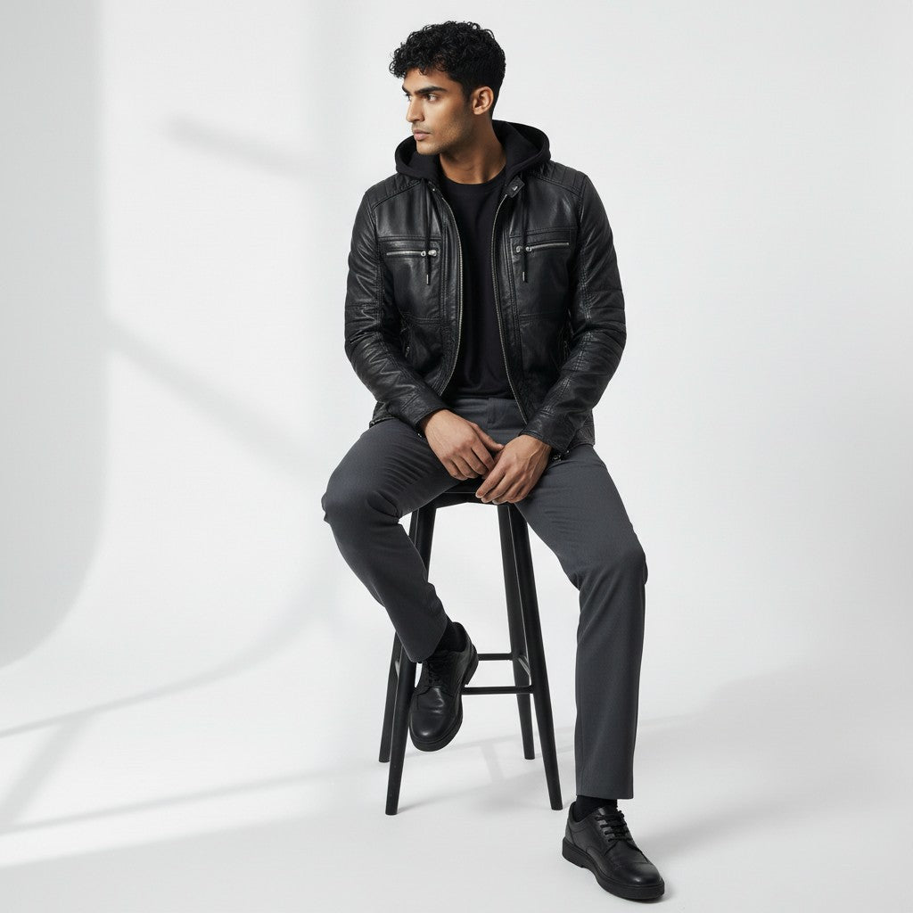 Black Leather Jacket With Hood
