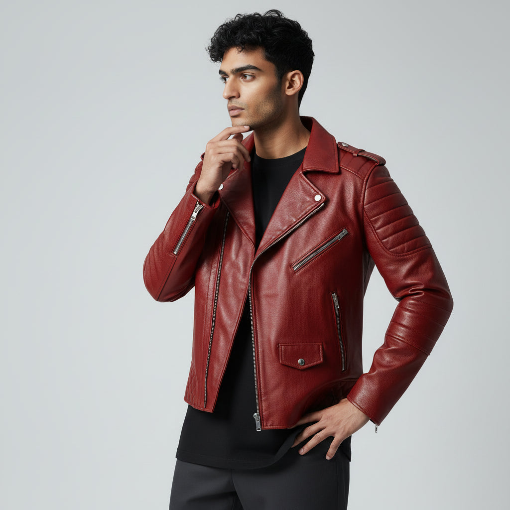 Men's Red Café Racer Biker Leather Jacket