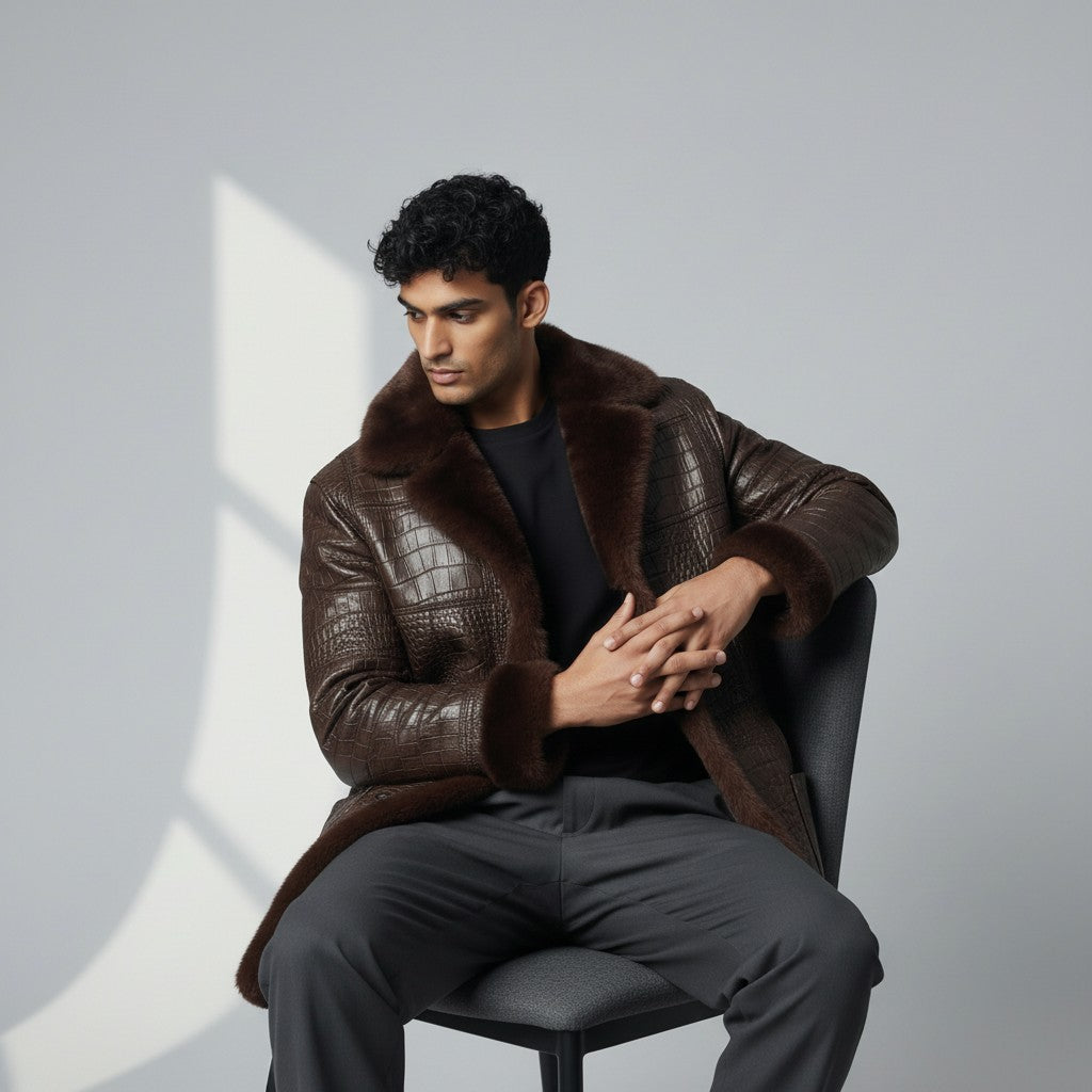 Men’s Brown Crocodile Embossed Leather Fur Coat