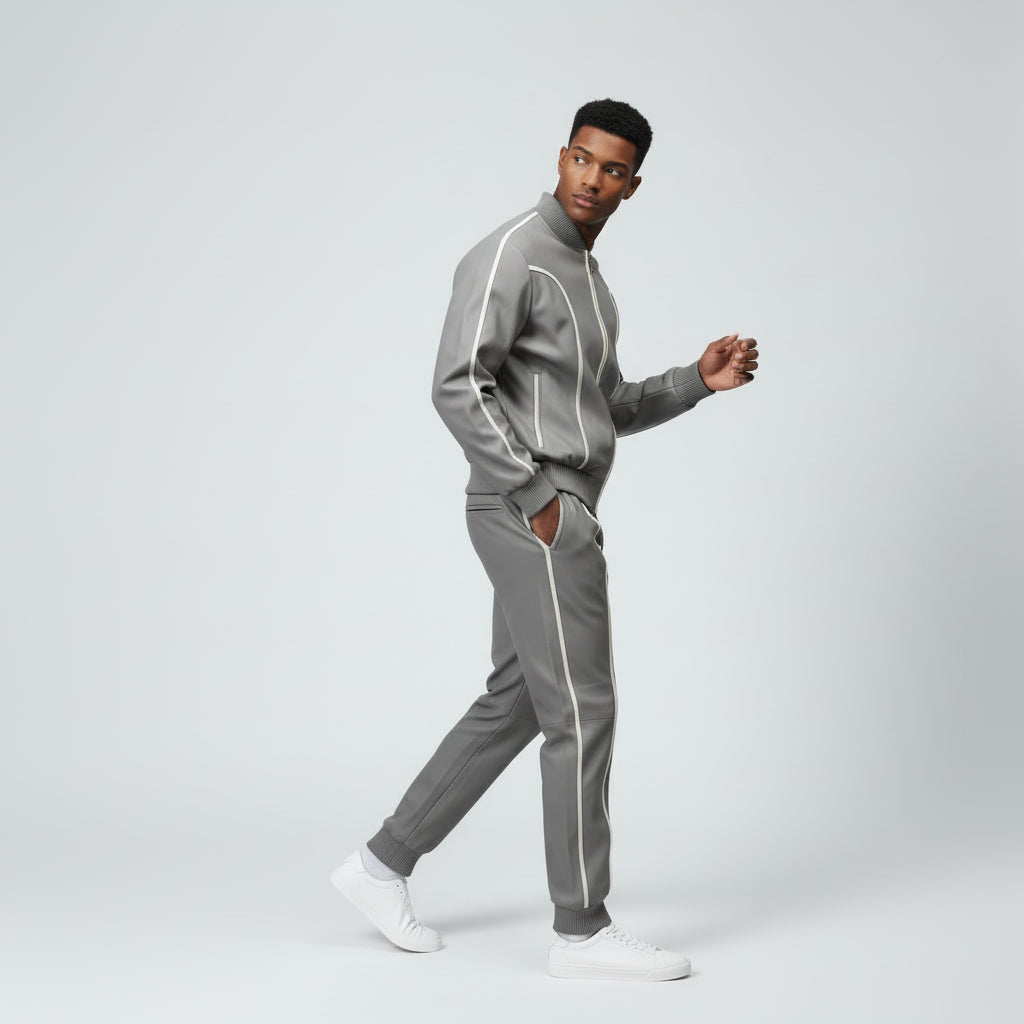 Men's Grey Leather Track Suit Sweatsuit