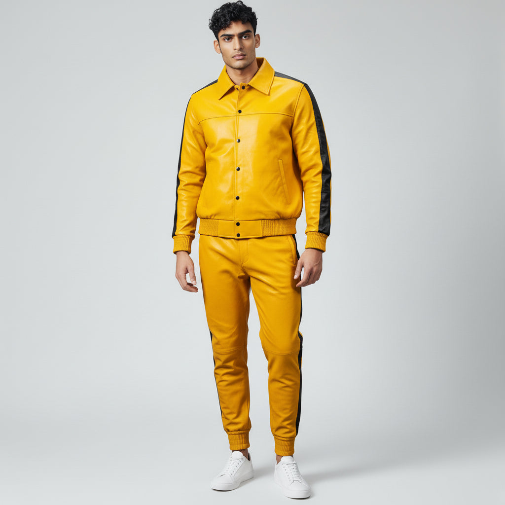 Men's Yellow Leather Track Suit jogging Sweatsuit