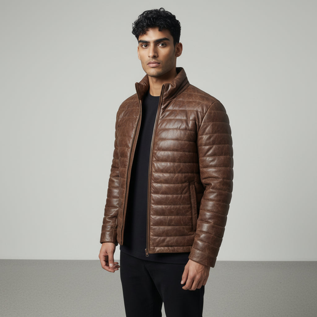 Brown Leather puffer jacket