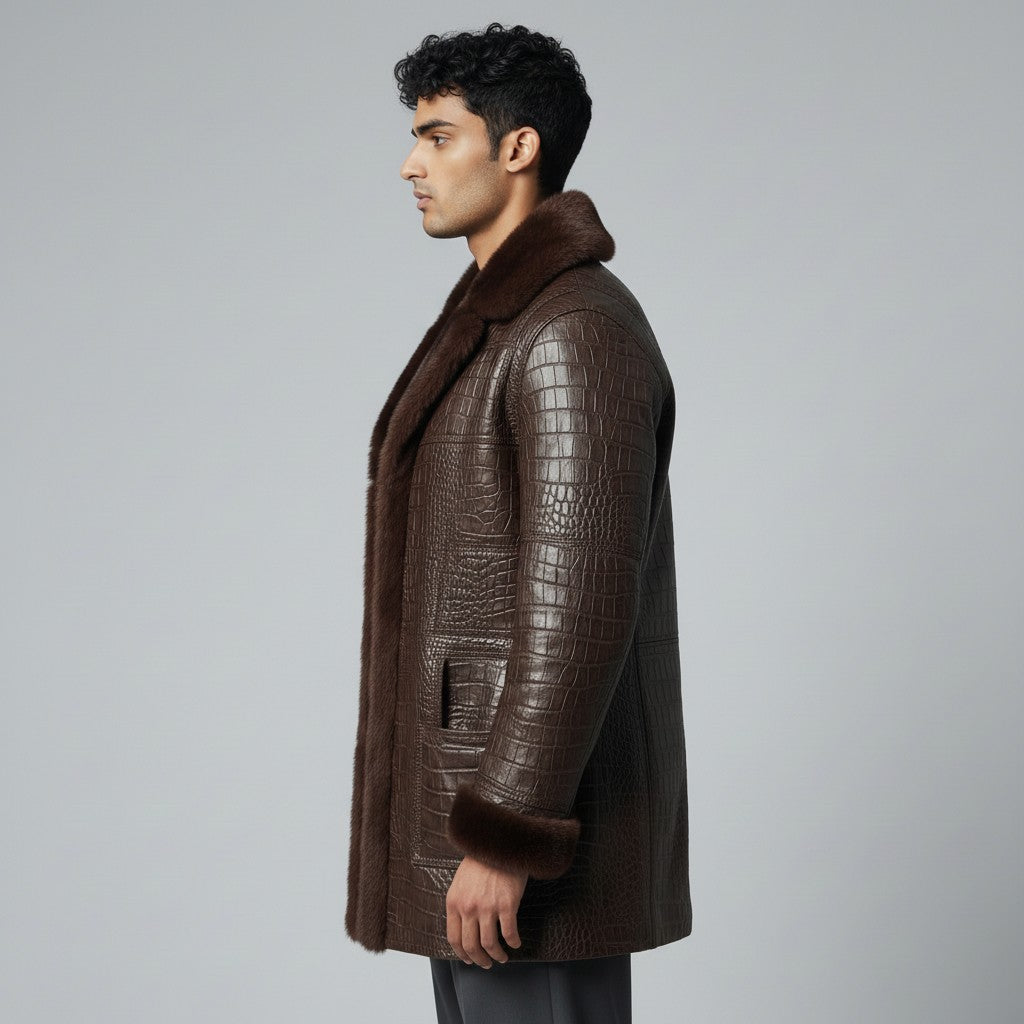 Men’s Brown Crocodile Embossed Leather Fur Coat
